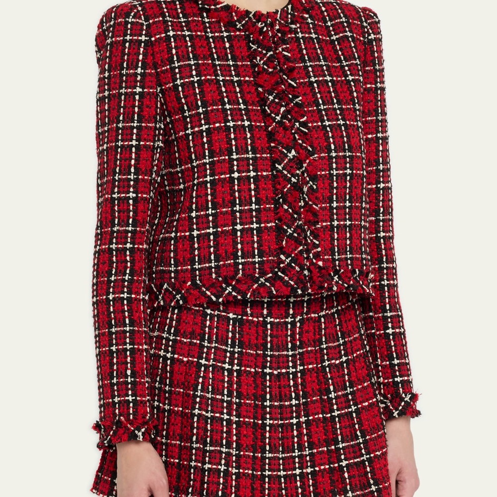 Alice and Olivia Red Plaid Tweed Jacket and Skirt Set